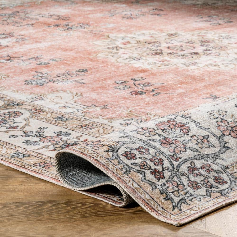 Ivory Floral Synthetic Washable Rectangular Area Rug