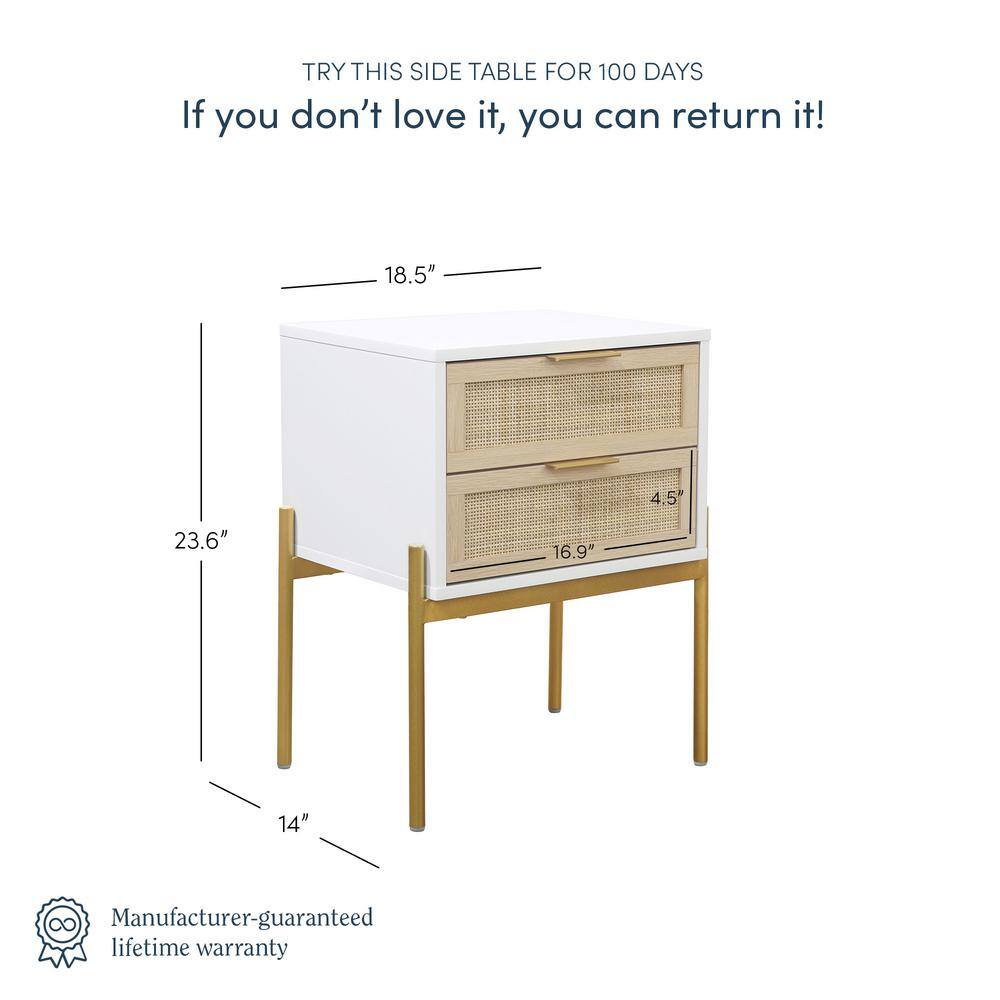 White and Gold Rattan 2-Drawer End Table with Metal Legs