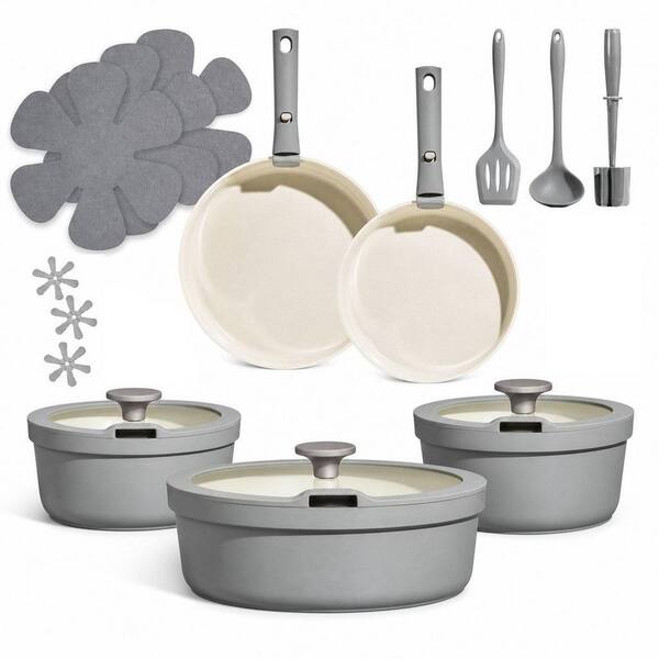 20-Piece Gray Ceramic Cookware Set with Detachable Handles, Pots and Pans Set, Induction and Dishwasher Safe, Non-toxic