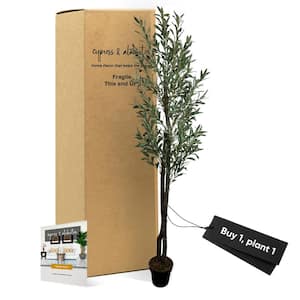 Handmade 6 ft. Artificial Young Olive Tree in Home Basics Plastic Pot Made with Real Wood and Moss Accents