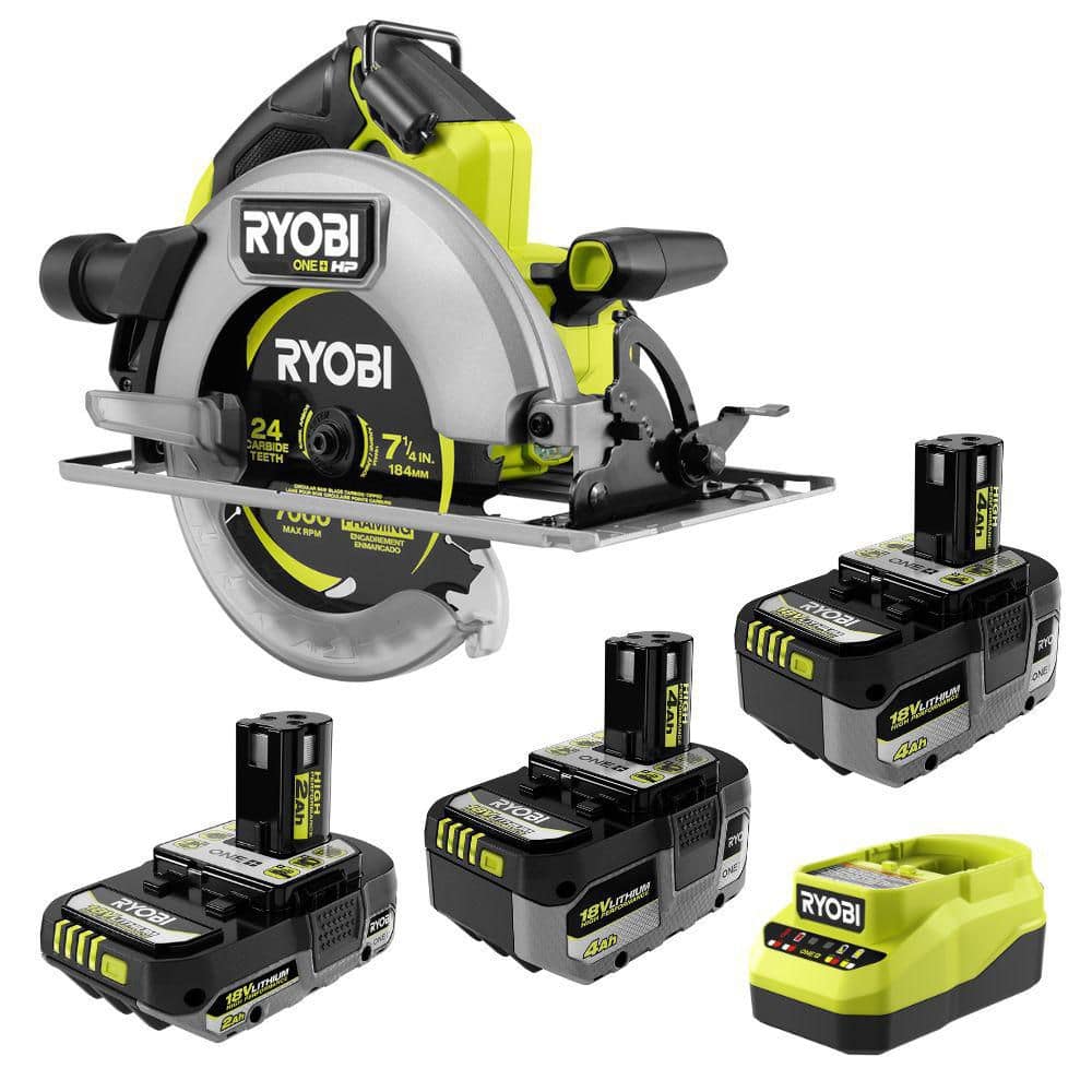 RYOBI ONE+ 18V HIGH PERFORMANCE Kit w/ (2) 4.0 Ah Batteries, 2.0 Ah Battery, Charger, & FREE ONE+ Brushless Circular Saw PSK108SB-PBLCS302B