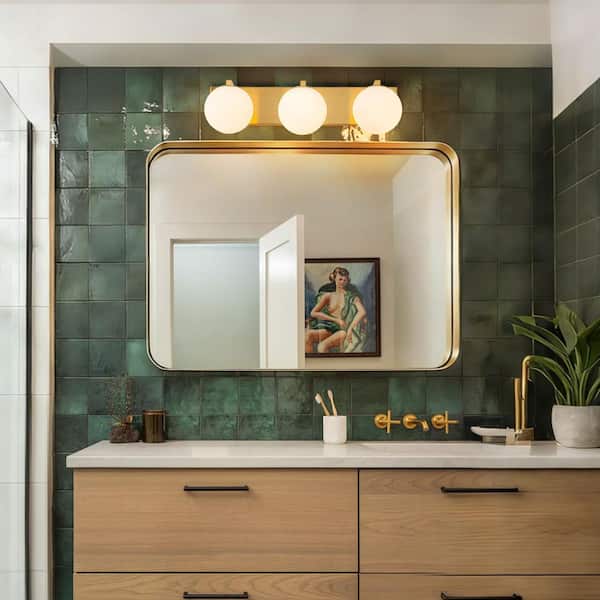 Lucie 24.41 in. 3-Light Brass Mid-Century Modern Bathroom Bar Vanity Light with Milk Opal Glass Shades