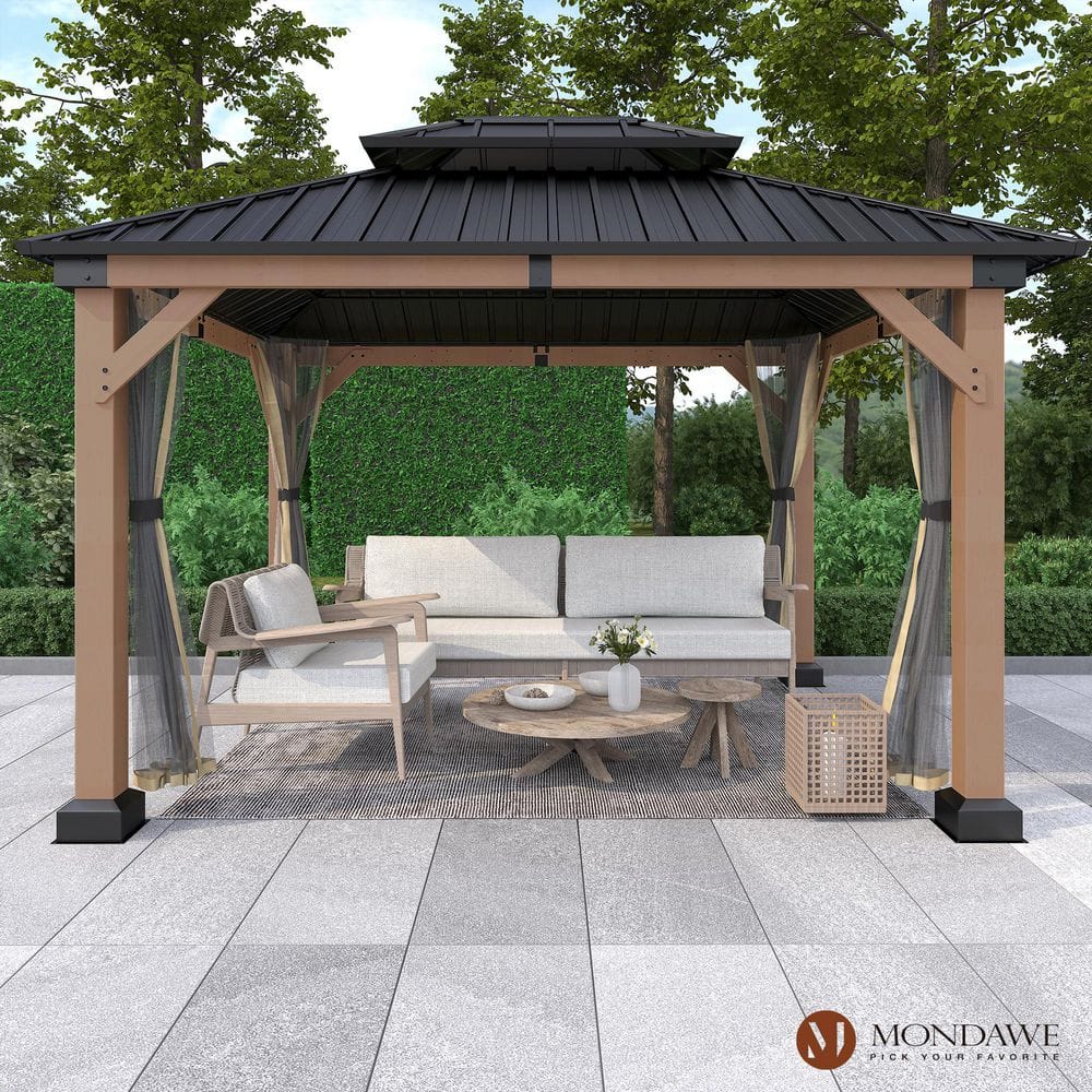 Mondawe 10'x12' Permanent Hardtop Gazebo Canopy Cedar Wood Framed Pavilion with Galvanized Steel Double Roof for Patio Lawn and Garden, Netting Included