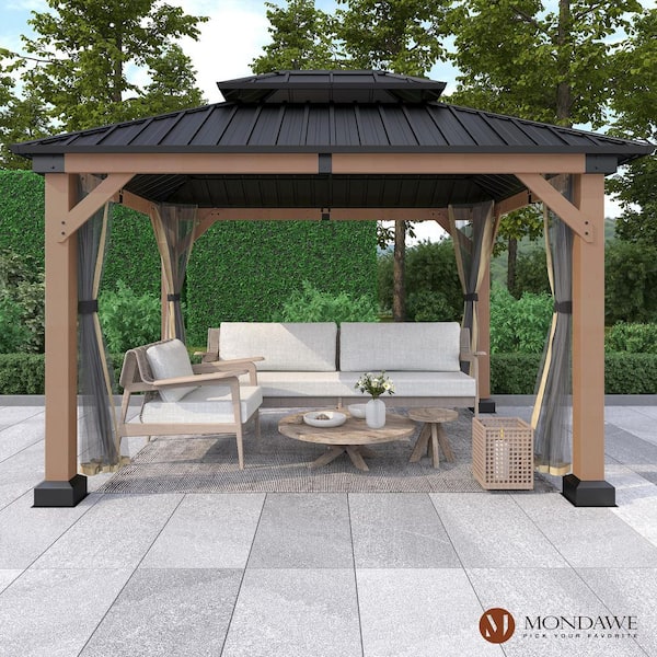 Mondawe Beverly Hills 10 ft. x 12 ft. Cedar Wood Frame Outdoor Patio Gazebo with Galvanized Steel Double Hardtop and Netting