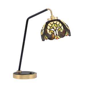 Delgado 16.5 in. Matte Black and New Age Brass Desk Lamp with Ivory Cypress Art Glass