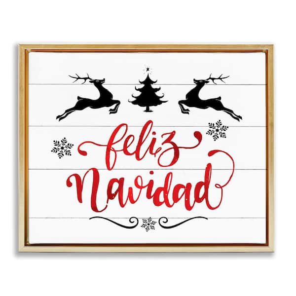 Stupell Industries Feliz Navidad Holiday Reindeer by Lettered and Lined Gold Floater Frame Abstract Graphic Art Print 17 in. x 21 in.