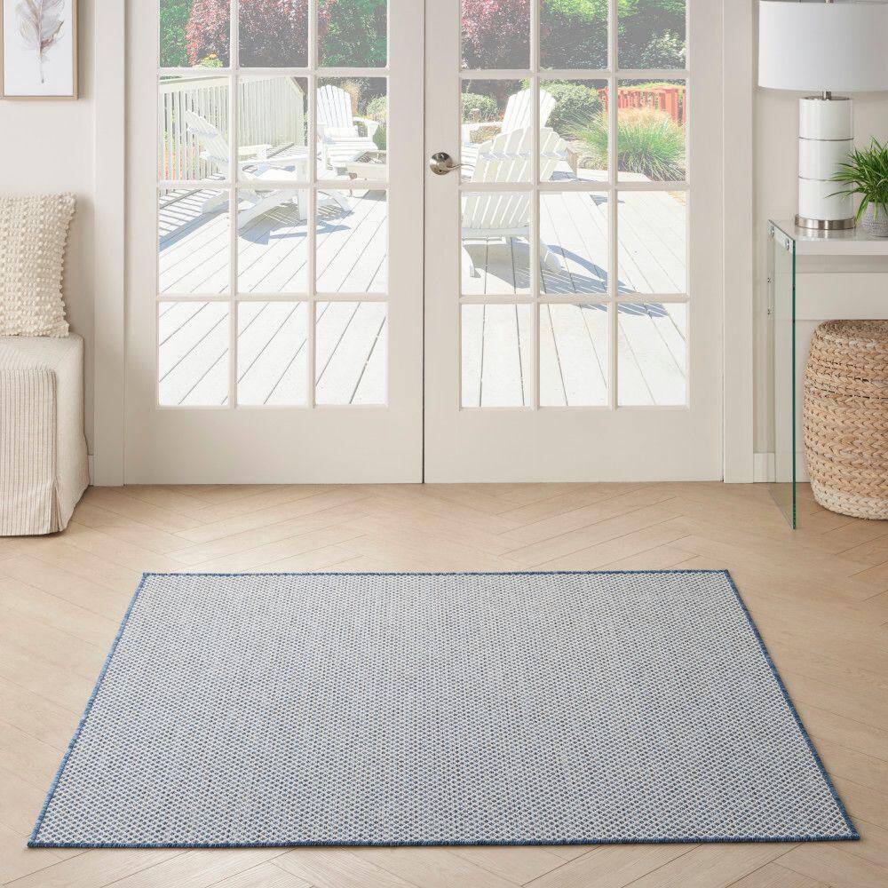 Ivory Blue Geometric 4' Square Synthetic Area Rug