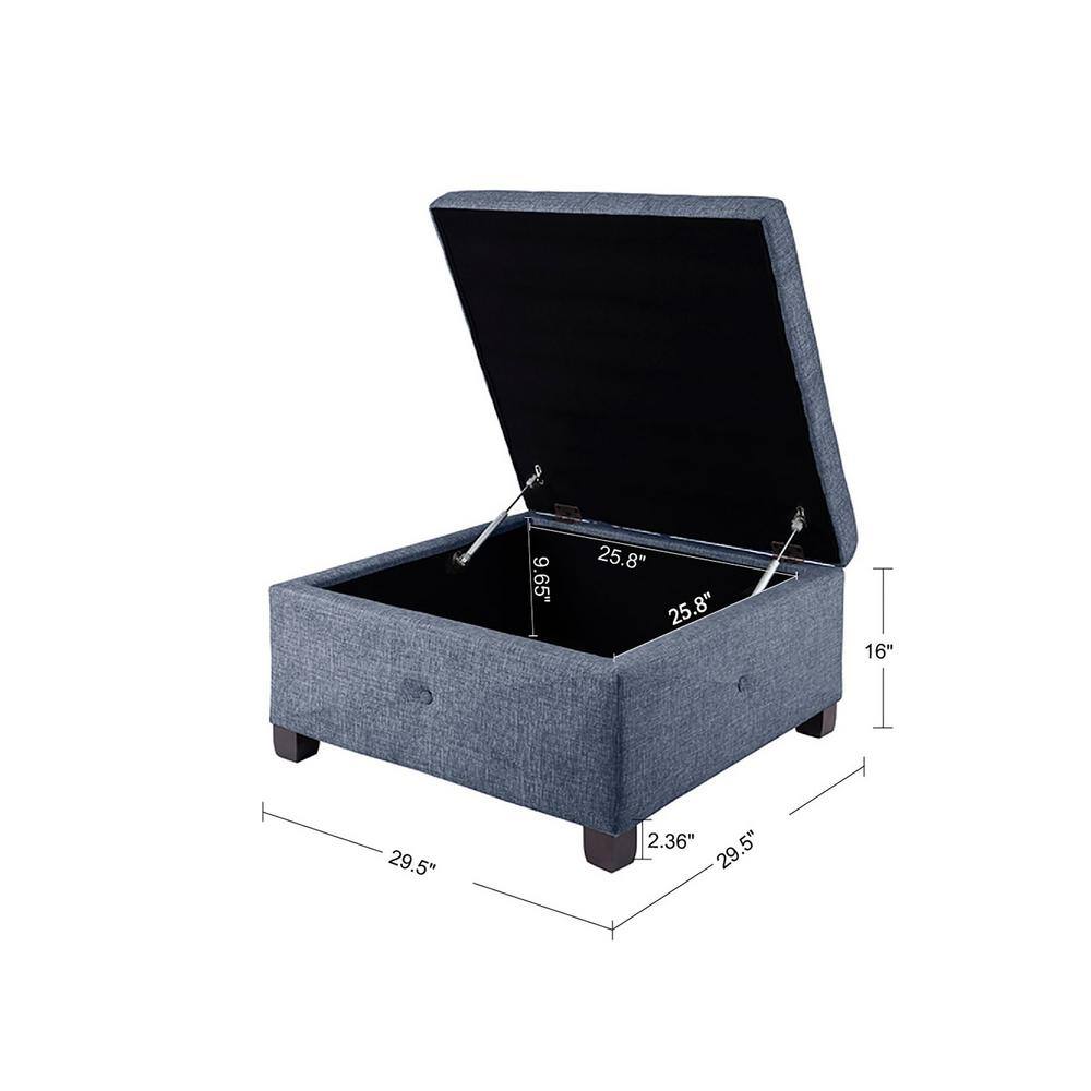 Blue Button Tufted Square Storage Ottoman with Dark Wood Legs