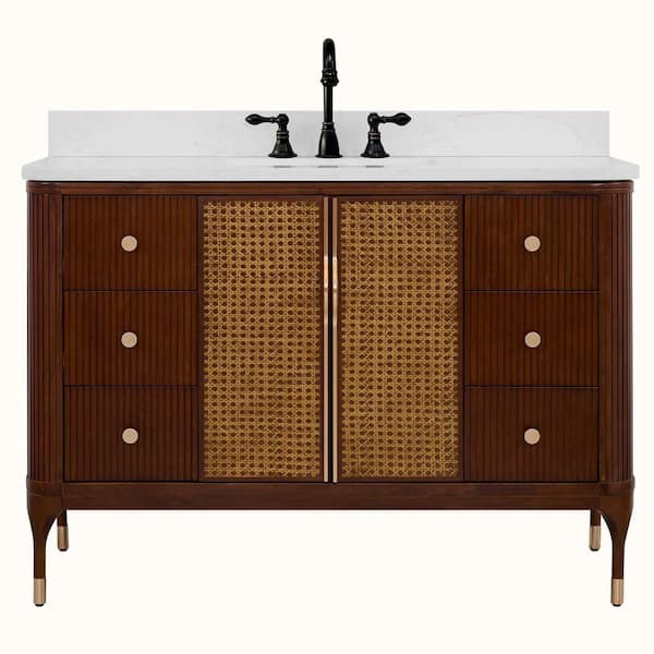 Solid Wood Contemporary 48 in. Freestanding Brown Birch Bath Vanity with White Artificial Stone Top Unassembled