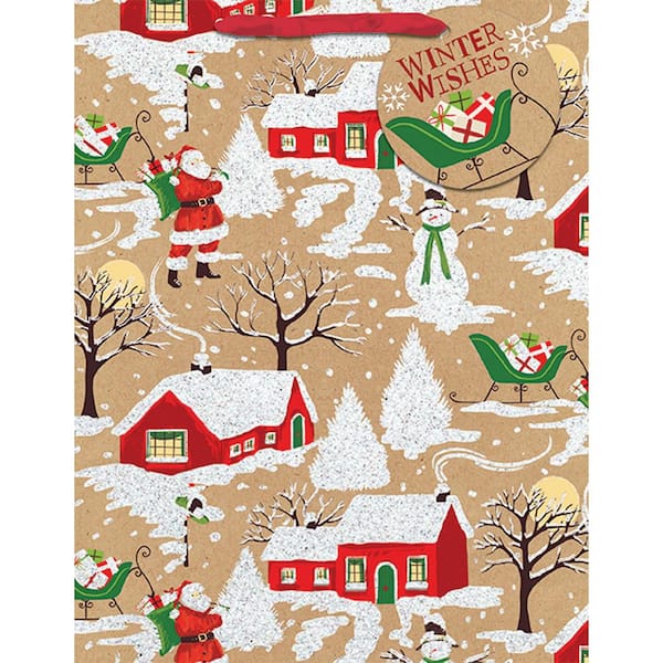 Amscan 9 in. x 7 in. x 4 in. Christmastime Kraft Bags with Glitter (18-Pack)