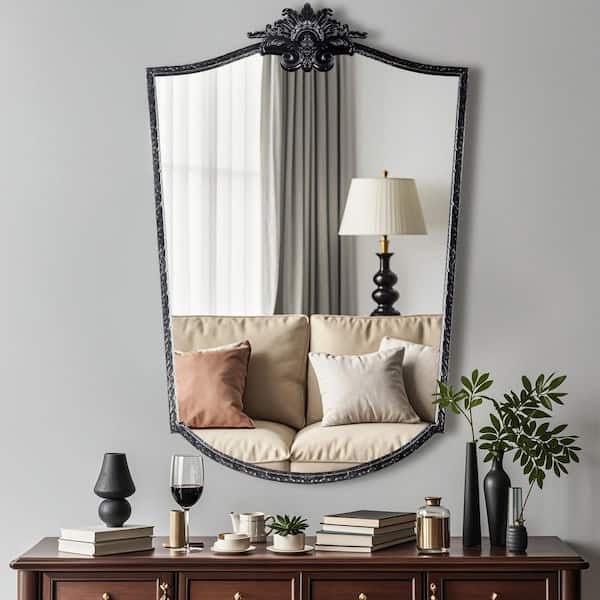 Elevatehome 24 in. W x 36 in. H Ornate Baroque Irregular Vintage Black Finish Framed Accent Decorative Wall Mirror