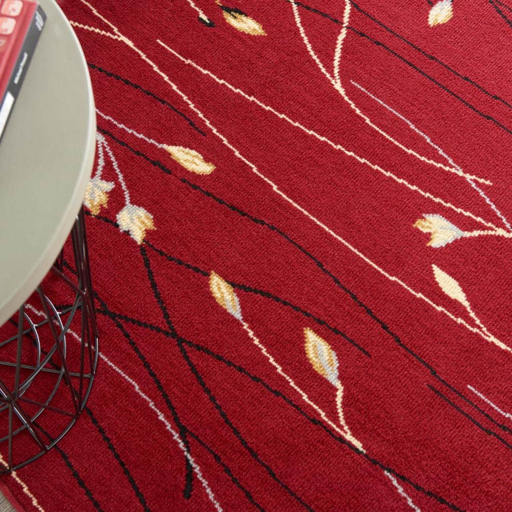Red Round Floral Synthetic Easy Care Rug, 5'3"