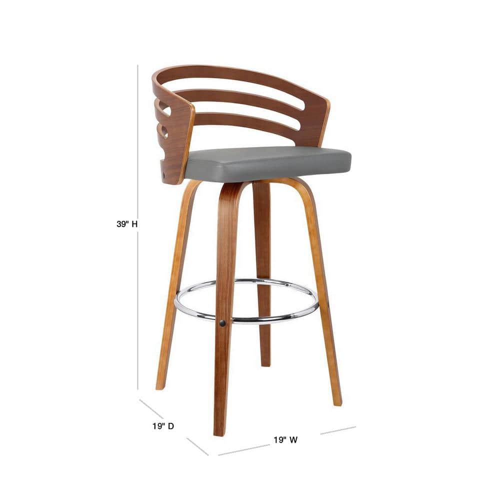Jayden 30" Gray Faux Leather and Walnut Wood Swivel Bar Stool
