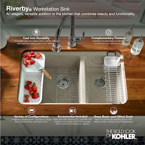 Riverby Undermount Cast Iron 33 in. 5-Hole Double Bowl Kitchen Sink Kit in White