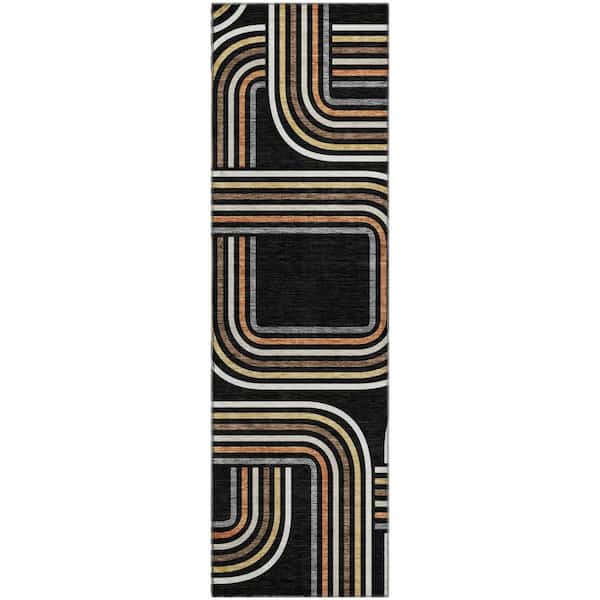 Mayfield Premium Machine Washable Abstract AMF2535 Black 2 ft. x 7 ft. Runner Rug