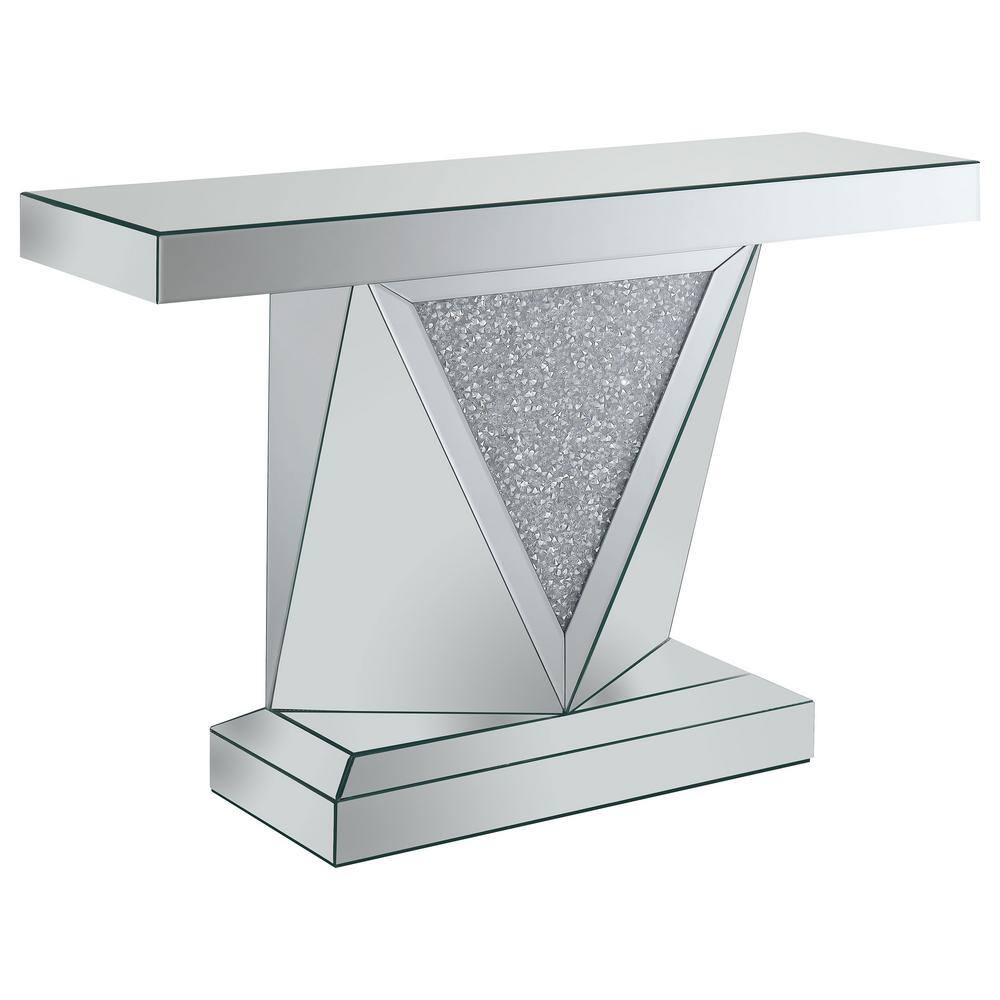 Silver Mirrored Rectangular Sofa Table with Triangle Detailing