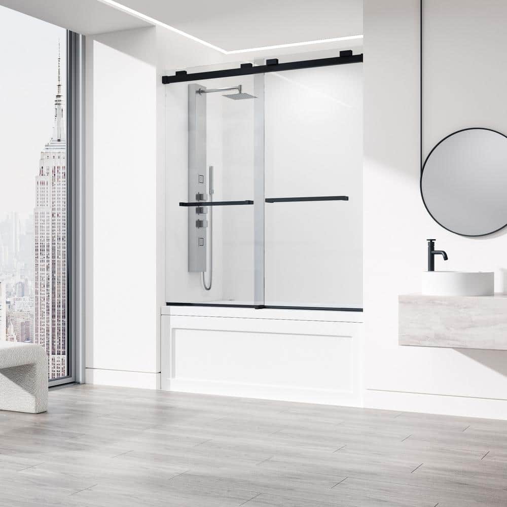 Houston 66" Frameless Matte Black Sliding Tub Door with Clear Glass