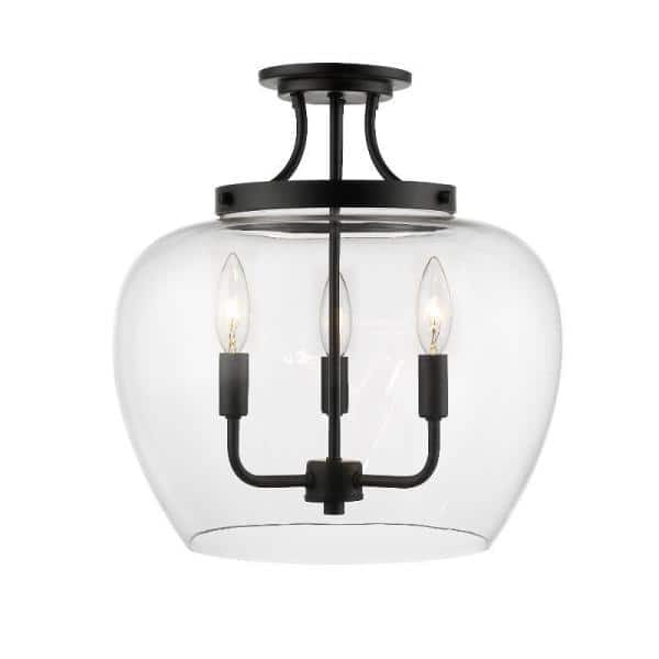 Matte Black Glass 3-Light Semi-Flush Mount Ceiling Fixture
