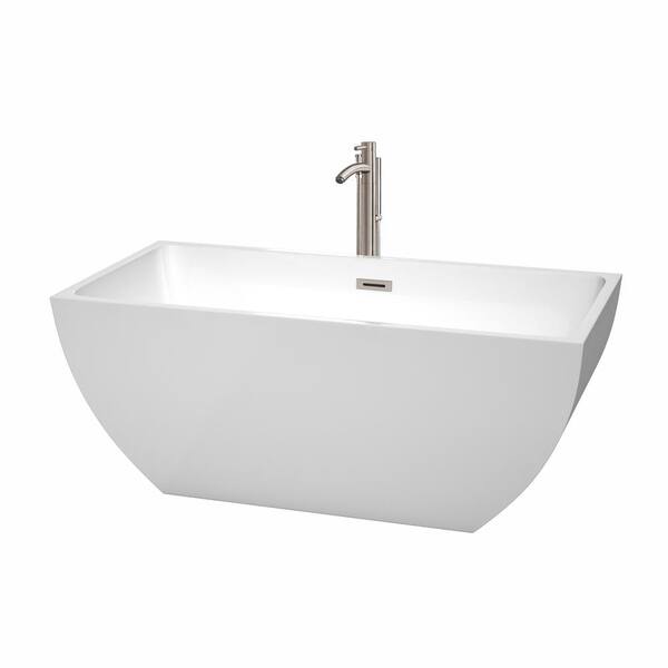 Wyndham Collection Rachel 59 in. Acrylic Flatbottom Non-Whirlpool Bathtub in White with Brushed Nickel Trim and Faucet