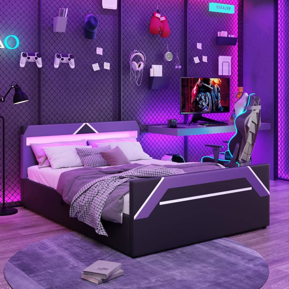 Black+Purple Queen Size Gaming Platform Bed with Built-in 7-Color LED Lighting Headboard, Side-Lift Hydraulic Storage