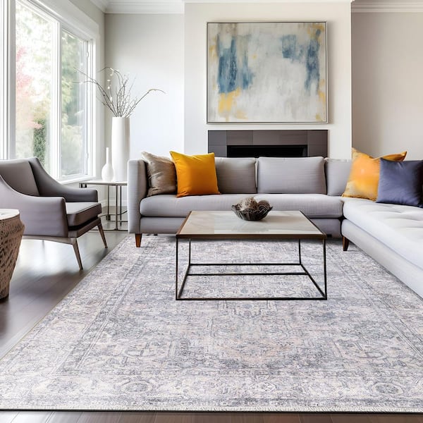 Distessed Medallion Machine Washable Blue 9 ft. x 12 ft. Area Rug