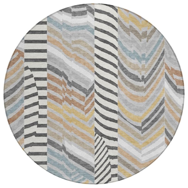 Chantille Machine Washable Indoor/Outdoor Abstract ACN3044 Silver 8 ft. x 8 ft. Round Rug