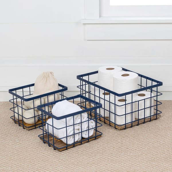 Evvie Navy Blue/Natural 15 in. x 7.25 in. Handmade Wire Metal Nesting Storage Decorative Baskets with Wood Base Set of 3