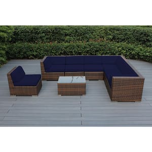 Mixed Brown 8-Piece Wicker Patio Seating Set with Sunbrella Navy Cushions