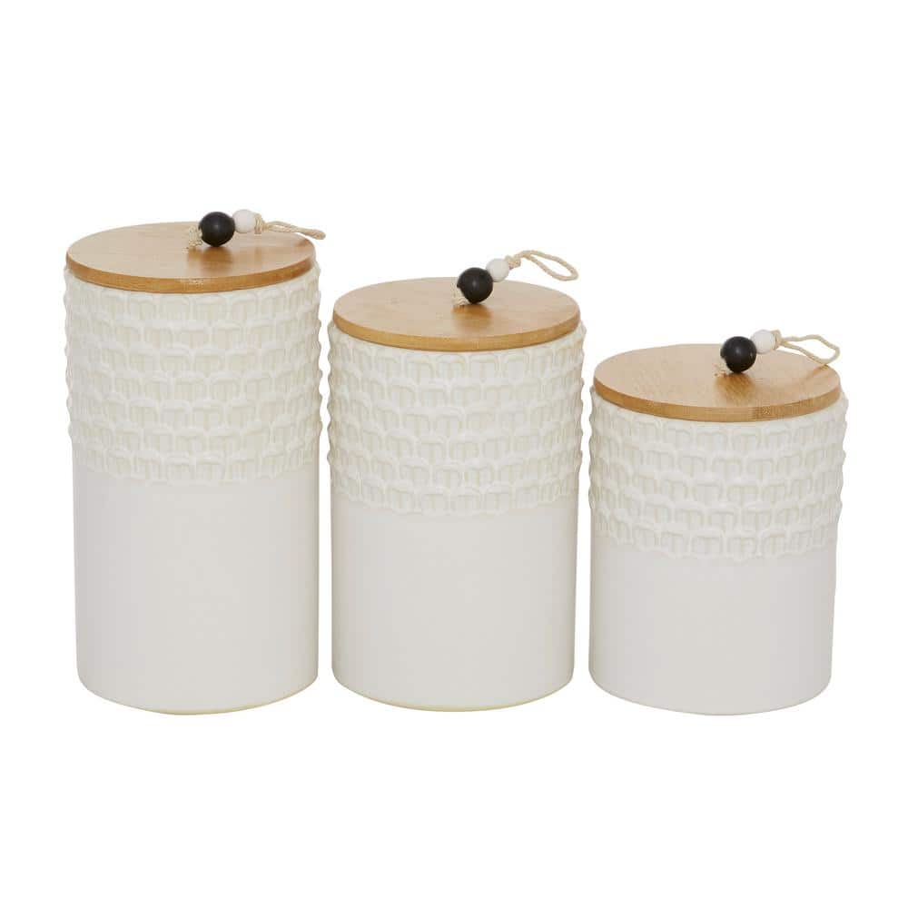 Charming White Ceramic Decorative Jar Trio with Wooden Lids