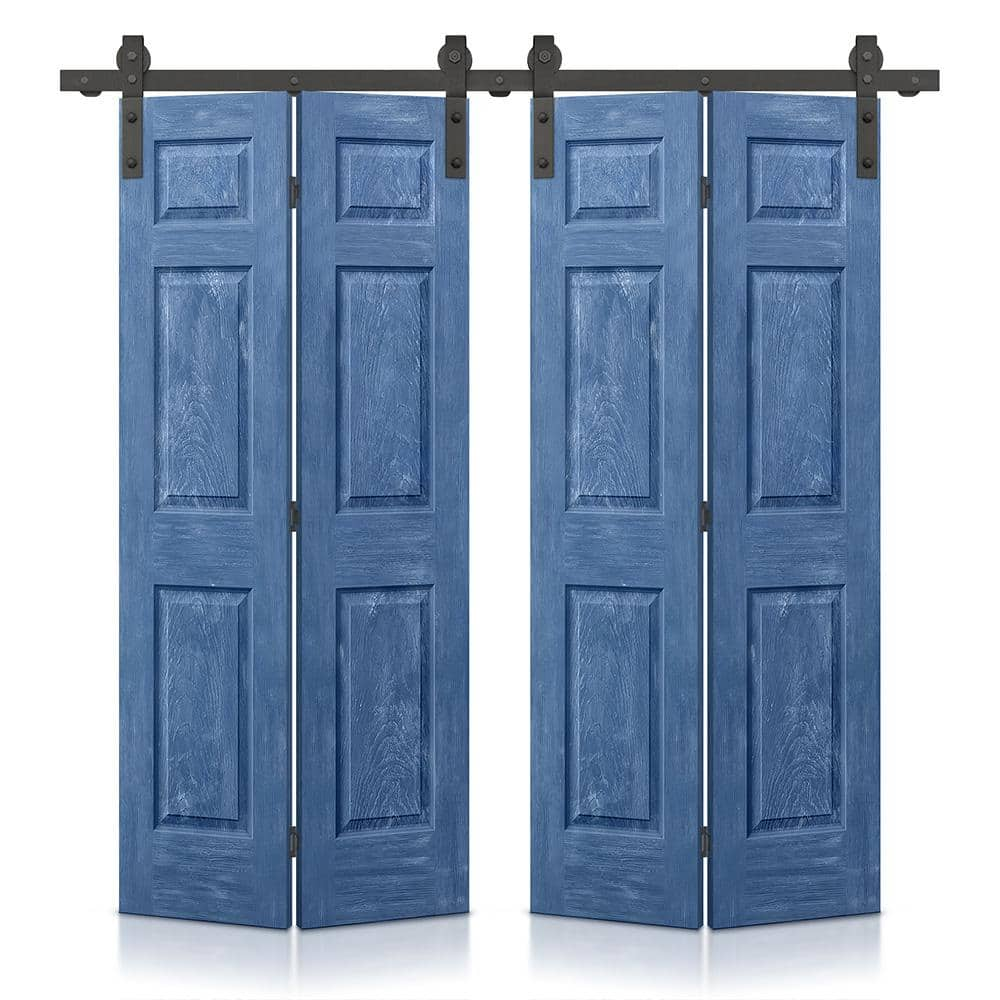 CALHOME 48 in. x 80 in. Vintage Blue Stain 6 Panel MDF Double Hollow Core Bi-Fold Barn Door with Sliding Hardware Kit