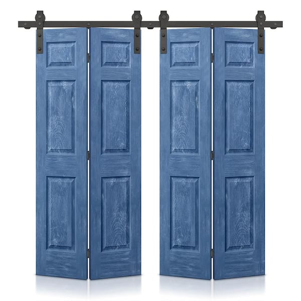 CALHOME 60 in. x 84 in. Hollow Core Vintage Blue Stain 6 Panel MDF Double Bi-Fold Barn Door with Sliding Hardware Kit