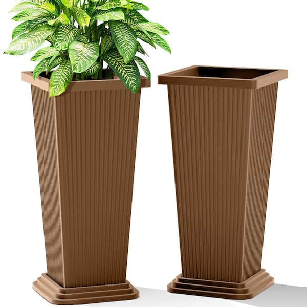 TUYOHW Extra Tall 24-Inch Square Planter-Heavy-Duty Brown Plastic for Indoor & Outdoor (Set of 2)