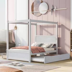 Brushed White Wood Frame Full Size Canopy Bed with 2-Drawers and Trundle
