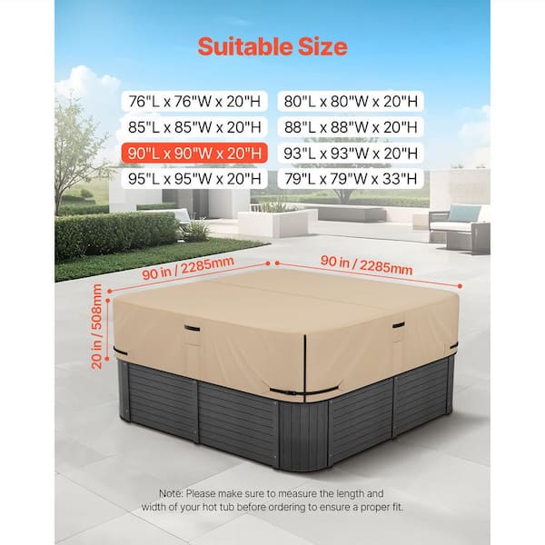 Outdoor Hot Tub Cover, 90 x 90 x 20 in. Weather-Resistant Protector, Made with Durable 600D Oxford Fabric 2025 Update