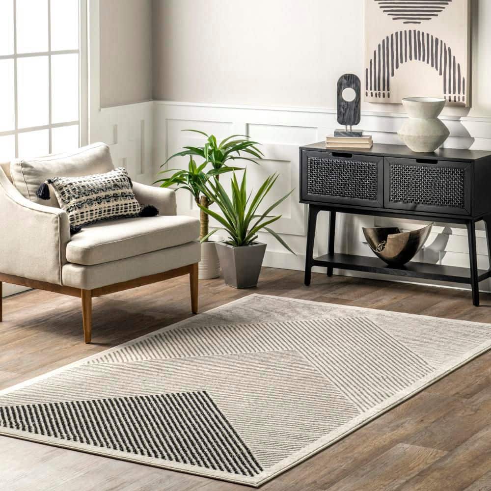 Gray and Black Striped Synthetic Rectangular Area Rug