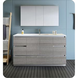 Lazzaro 60 in. Modern Bathroom Vanity in Glossy Ash Gray with Vanity Top in White with White Basin