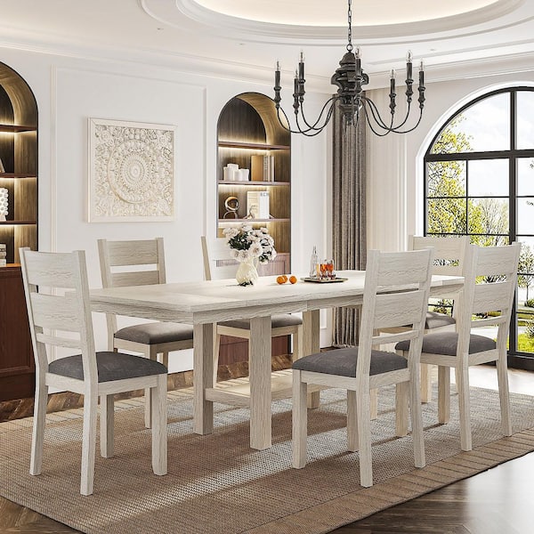 7-Piece Expandable Dining Table Set with 6 Upholstered Chairs, Gray Wood Farmhouse Style Dining Room Furniture Set for 6