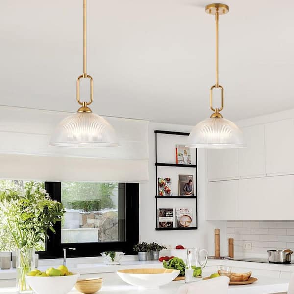 12 in. 1-Light Plated Brushed Gold Dimmable Pendant Light with Clear Ribbed Glass