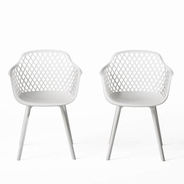 Minimalistic Design White Plastic Outdoor Dining Chair, Weather-Resistant, Stable Frames Diamond Mesh Pattern Set of 2
