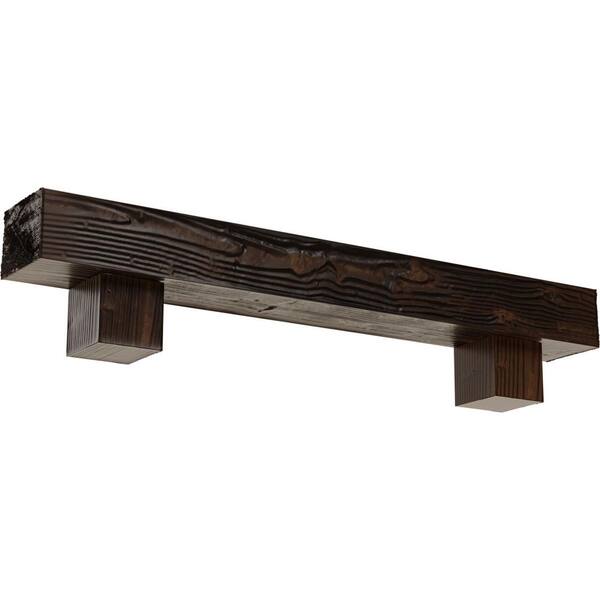 Ekena Millwork 8 in. x 12 in. x 6 ft. Sandblasted Faux Wood Fireplace Mantel Kit, Alamo Corbels, Premium Aged