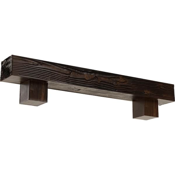 Ekena Millwork 8 in. x 12 in. x 7 ft. Sandblasted Faux Wood Fireplace Mantel Kit, Alamo Corbels, Premium Aged