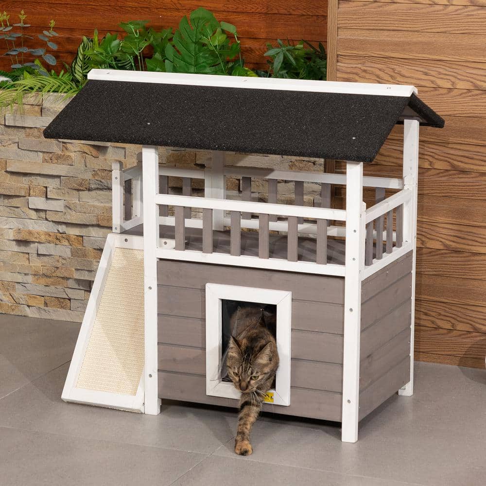 Medium Gray and White Wooden Outdoor Cat House with Balcony