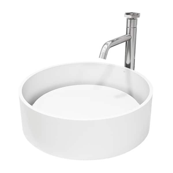 VIGO Anvil Matte Stone Composite Round Vessel Bathroom Sink in White with Dior Faucet and Pop-Up Drain in Chrome