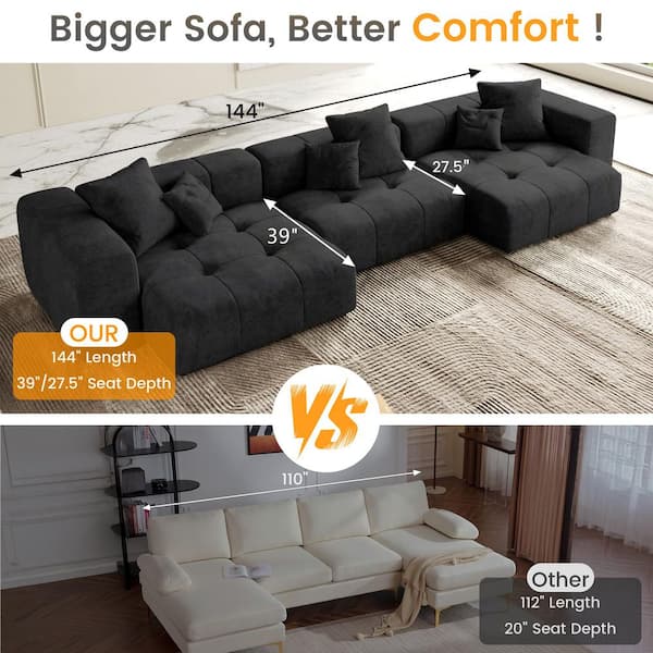 144 in. Oversized Square Arm Linen Rectangle Modular Sectional Sofa 3-Seater in Black