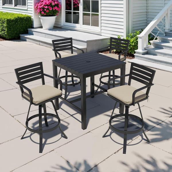 Champagne 5-Piece Square Aluminum Outdoor Dining Set with 35.4 in. Table and Bar Stool