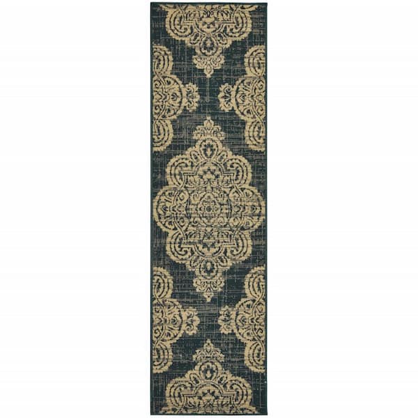 HomeRoots Black, Tan 2 ft. x 8 ft. Loomed Oriental Polypropylene Rectangle Indoor/Outdoor Area Rug