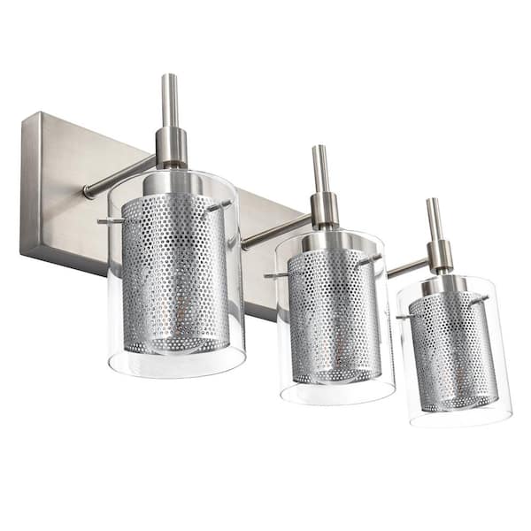 EDISLIVE Lenox 18.7 in. 3-Light Vanity Light Fixture with Clear Glass and Metal Mesh Brushed Nickel Bathroom Wall Sconces