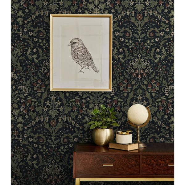 30.75 sq. ft. Midnight Blue and Sage Filigree Floral Vinyl Peel and Stick Wallpaper Roll