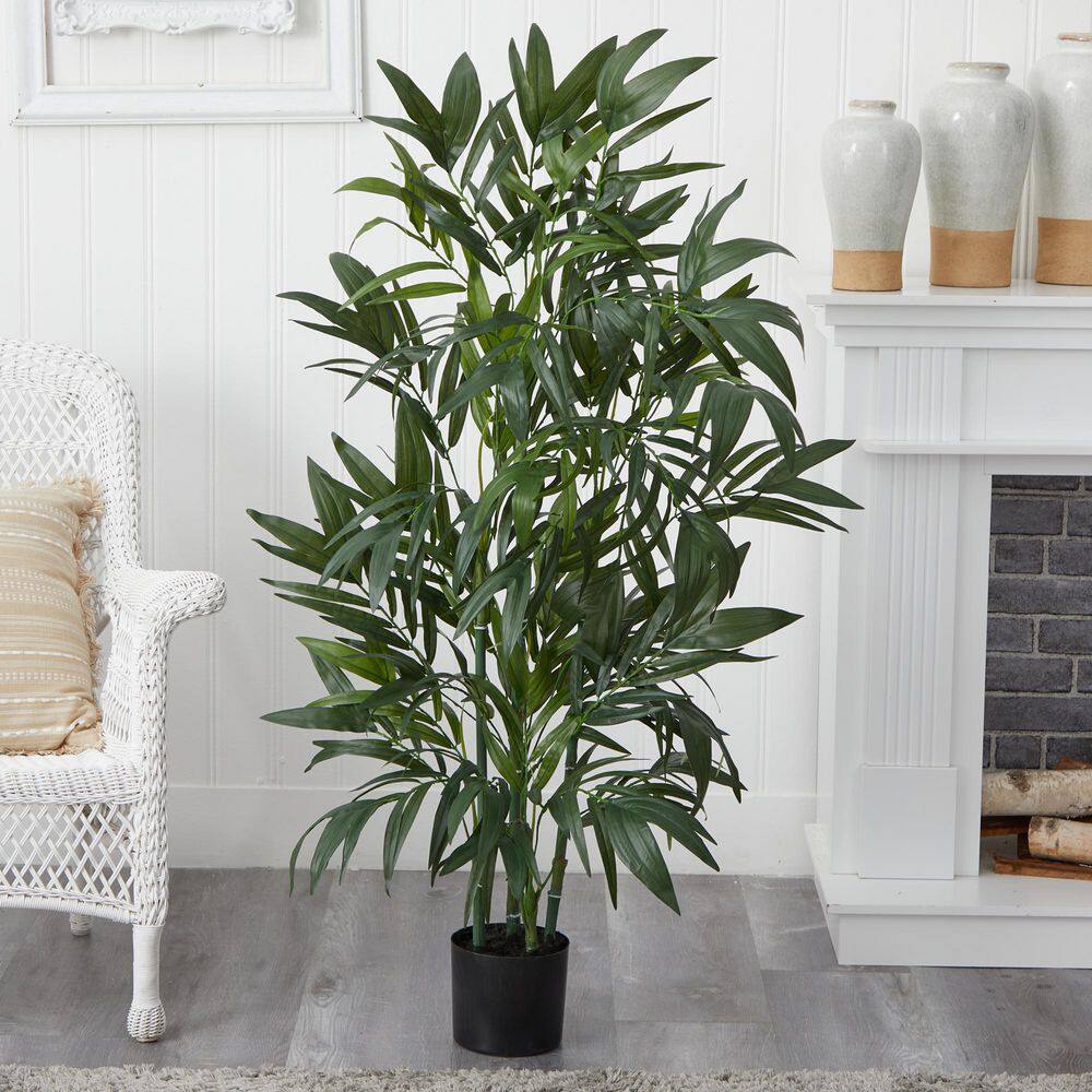 4-Foot Green Bamboo Palm Silk Tree with Black Pot
