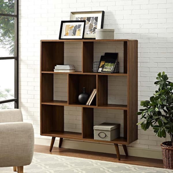 MODWAY 52.5 in. Walnut Wood 7-shelf Accent Bookcase with Open Back